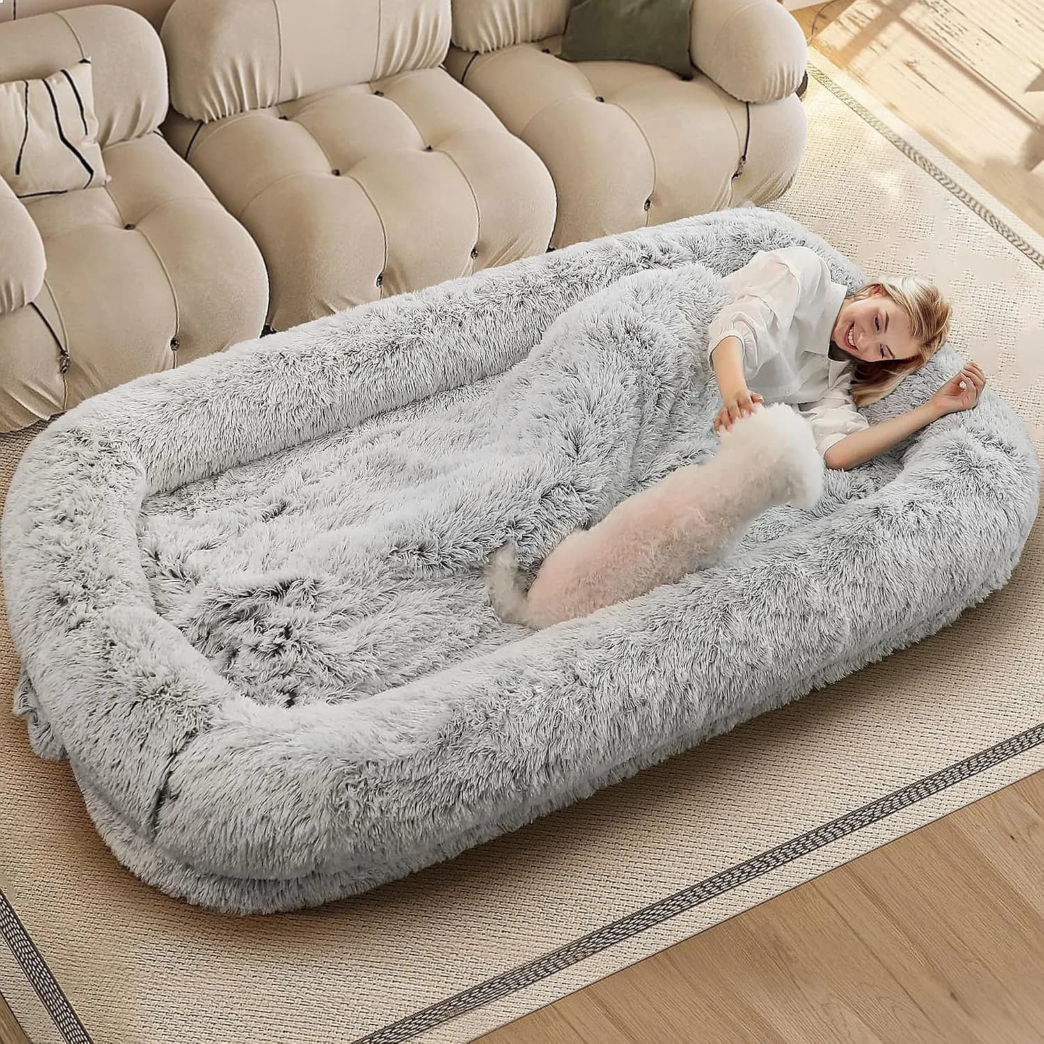 Kromax Human Dog Bed 75x43x10 Washable Faux Fur Cozy Nest Detachable Cover Blanket Light Grey