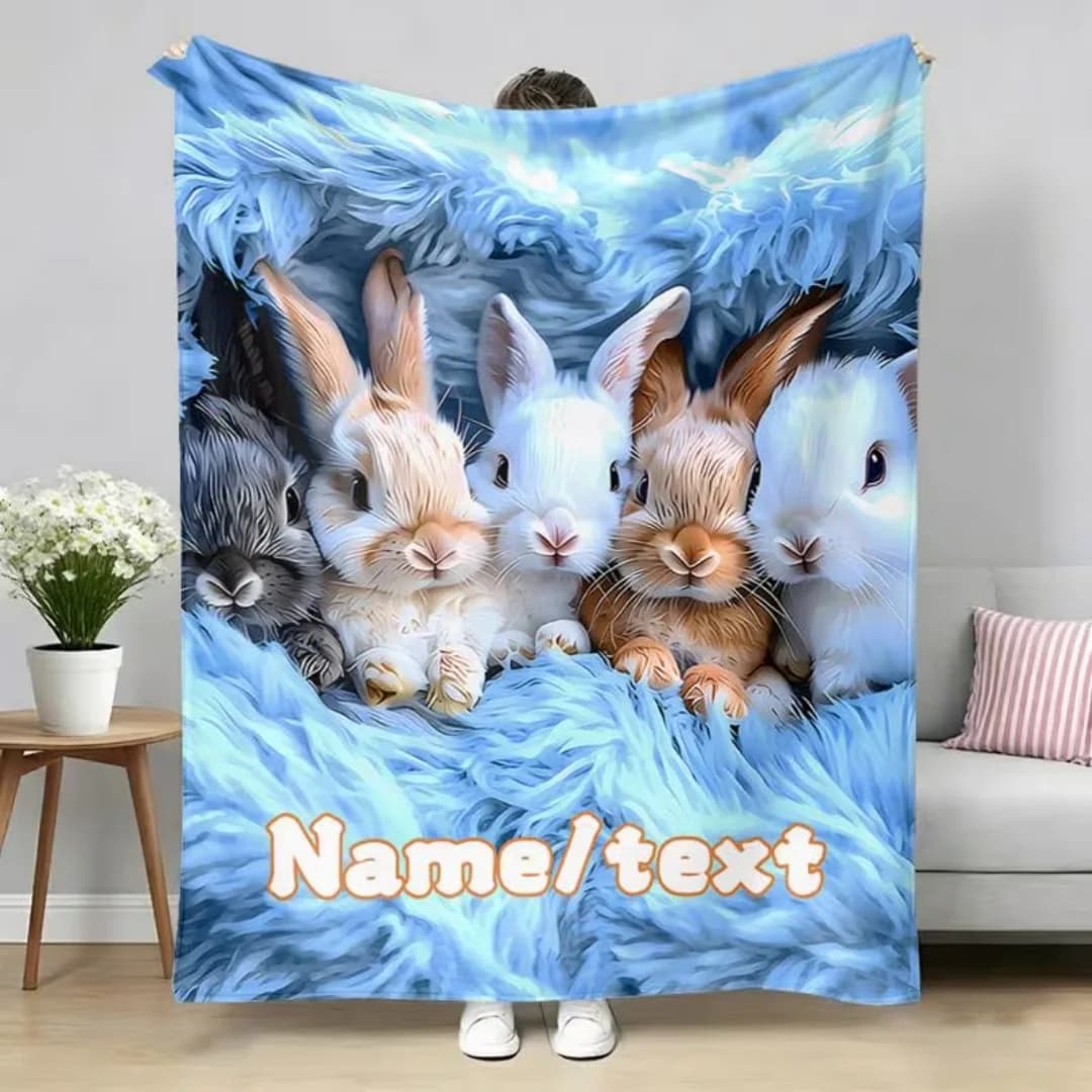 Personalized Custom Name Text Cute Rabbit Print Portable Flannel Blanket, Soft Warm Digital Print Throw Blanket for Sofa Bed Tra