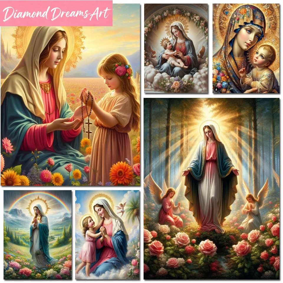 Kit di Pittura Diamante Senza Cornice, Vergine Maria con Fiori, Mosaico Completo Fai-da-Te, Ricamo con Strass, Icona Religiosa, Immagine della Rosa Benedetta