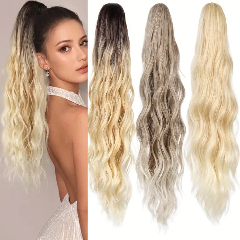 Black Long Horsetail European and American style, Undulating and Riccia, Natural Wig Realistic with Clips