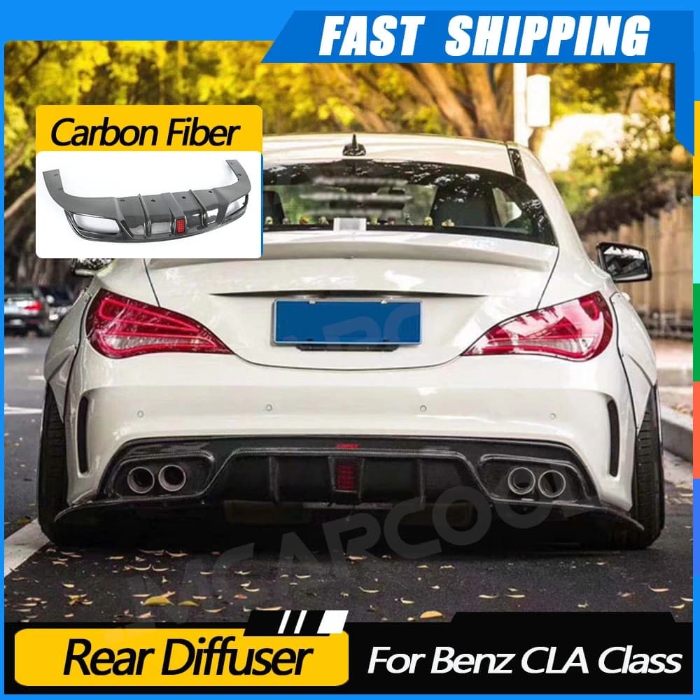 JMCARCOOL Carbon fiber rear diffuser with LED for Benz Class CLA W117 CLA200 CLA250 CLA260 CLA45 2013-2018 Rear bumper protection