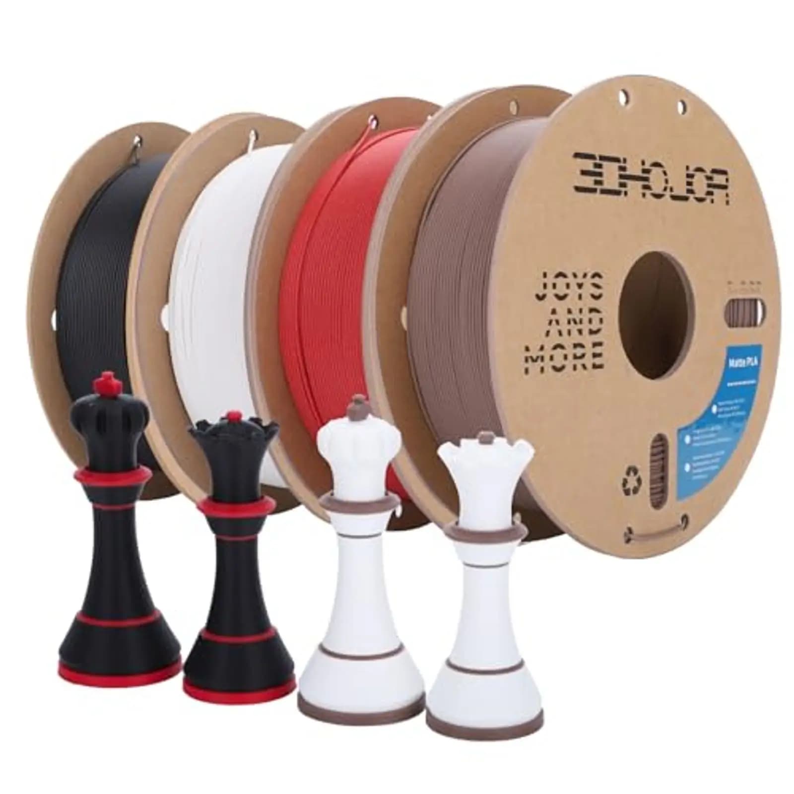 Filament PLA 1.75mm, Pack of 4 1kg Spools, Deck on Carton, for Most 3D Printers, Black White Red Brown