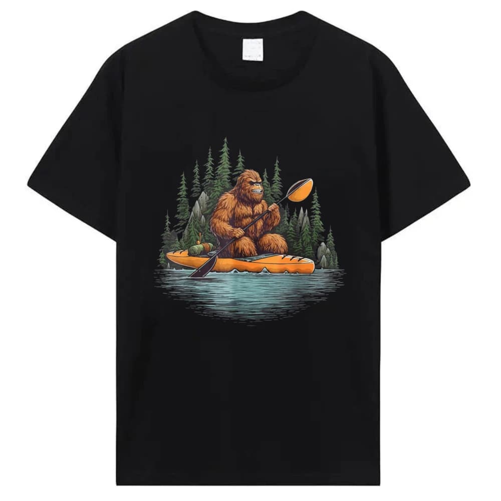 Bigfoot Kayak Paddling Lake Canoe Bigfoot Sasquatch Kayaking T-Shirt Funny Outdoors High Quality Cotton Short-sleev Casual Tops