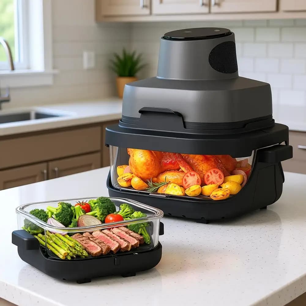 Friggitrice ad Aria Portatile in Vetro - 1500W, 4,2 QT e 6 Contenitori Doppi in Vetro, 4-in-1, Timer 60 Min, 140 ° -400 ° Regolabile, Microonde, F