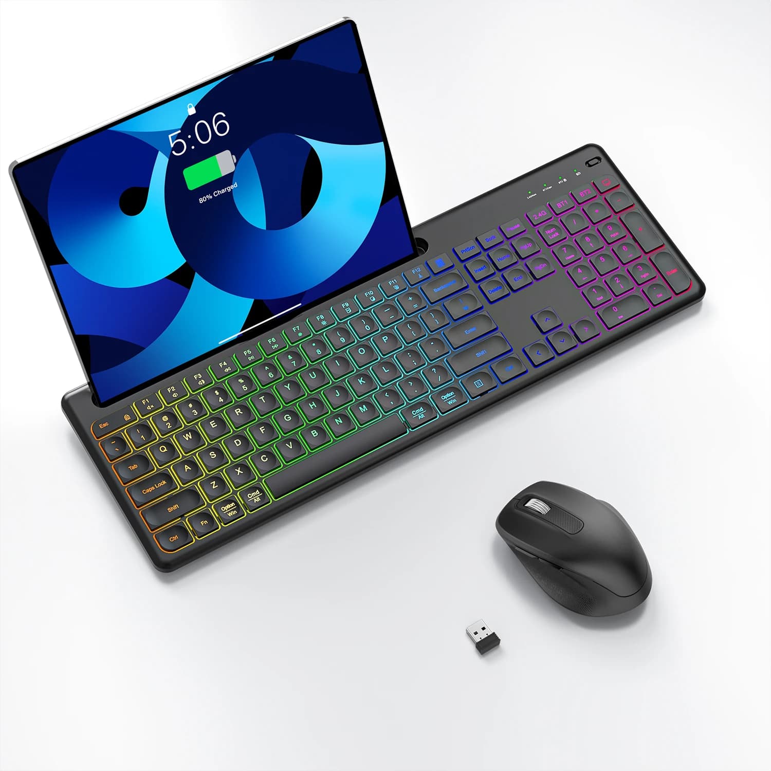 Combinazione tastiera e mouse wireless con tastiera ergonomica retroilluminata a grandezza naturale con supporto per tablet per telefono Mouse 2.4G per PC portatile