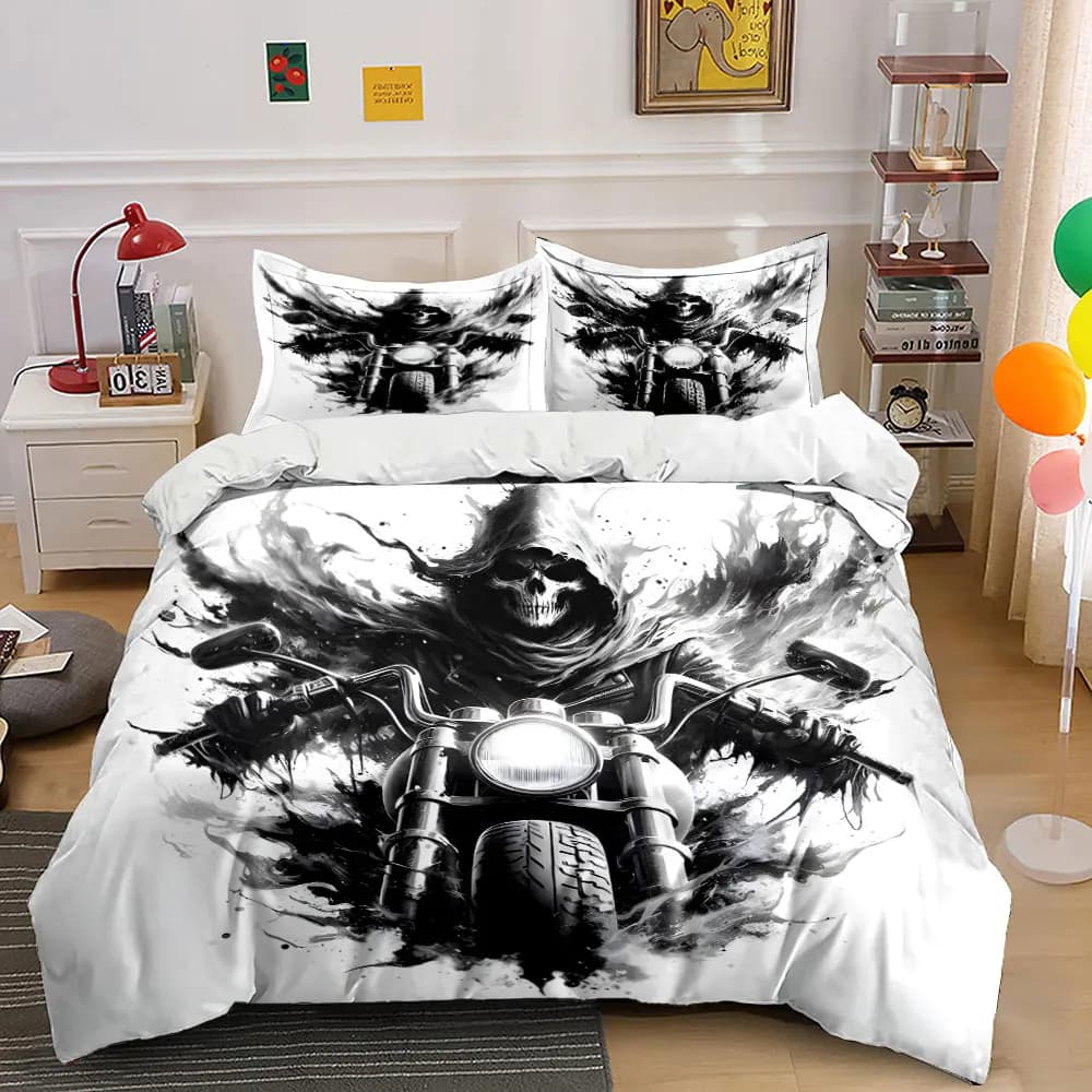 Skull Rider Driving Motorcycle Print Bedding Set 1 Duvet Cover 2 Pillowcases for Adult and Children Luxury Gift Full Size