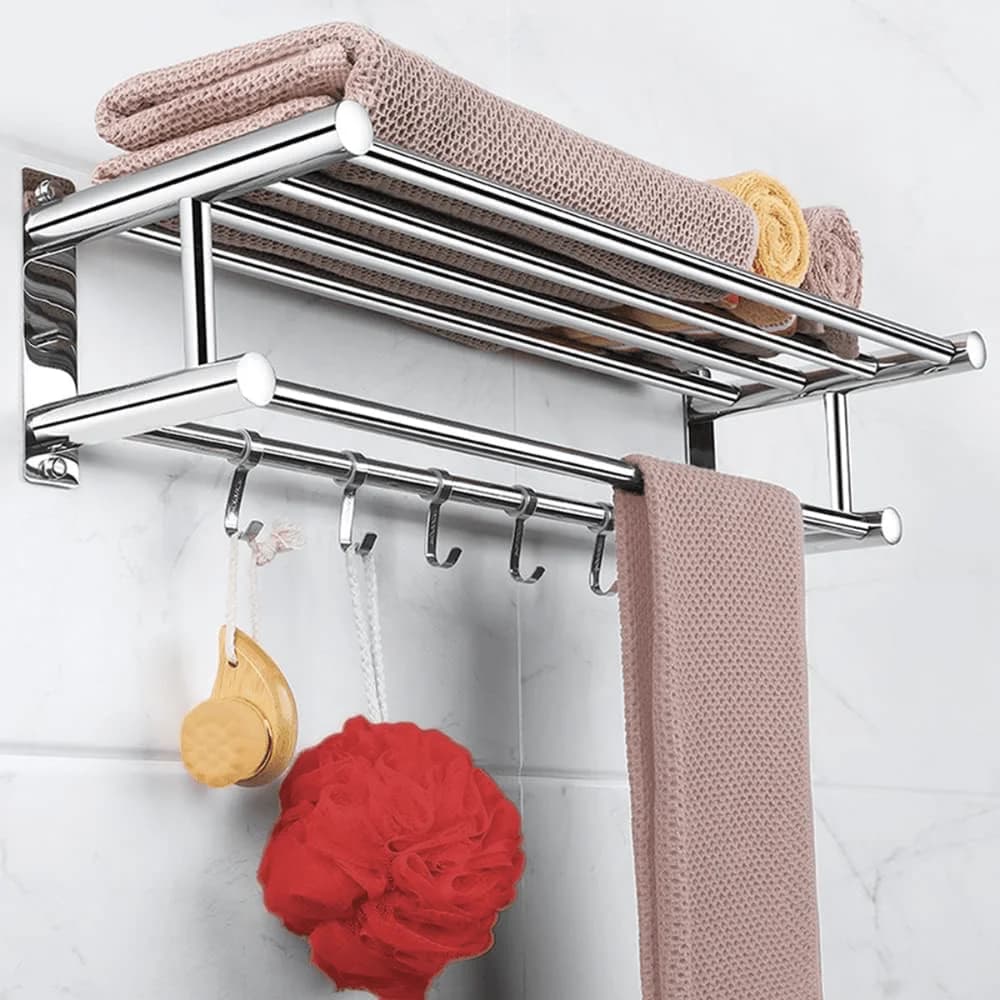 Portasciugamani da bagno in acciaio antiruggine con barra portasciugamani e 5 ganci, portaoggetti per doccia, ripiano portaoggetti per asciugamani, accappatoi, spazzole e altro.