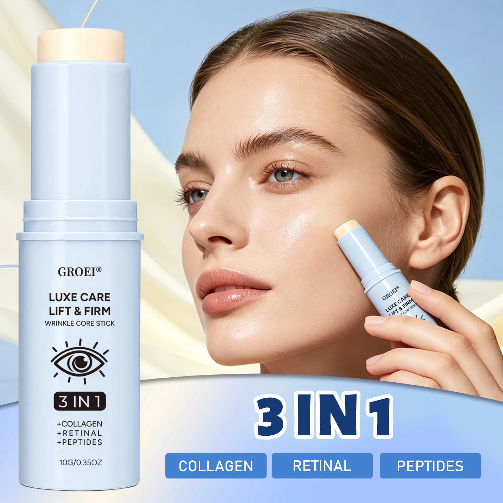 Portable 3‑in‑1 Eye Balm Stick 10g, Caffeine Peptides Retinal Collagen Solid Eye Stick, Nourishing On‑the‑Go Eye Care