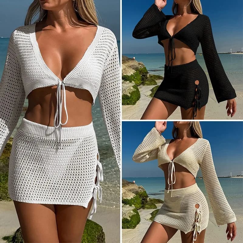 Set Bikini da Spiaggia per Donna, Due Pezzi con Top Corto all'Uncinetto e Minigonna, Costume da Bagno con Scollo a V per la Spiaggia