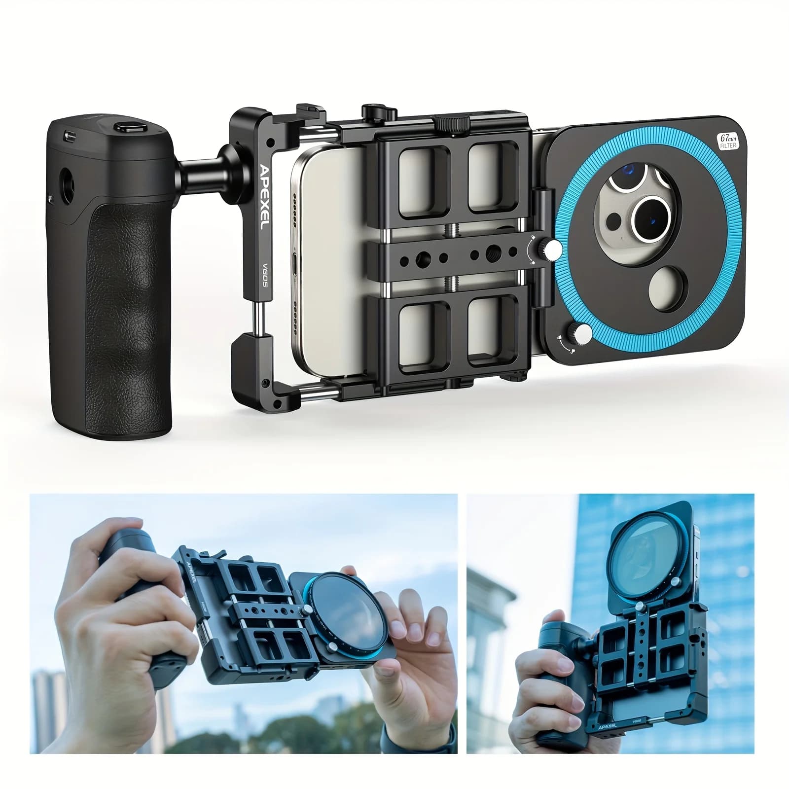 APEXEL Video Rig universale per gabbia per telefono con maniglie Adattatore filtro 67mm 37mm 17mm per stabilizzatore di registrazione video cinematografica