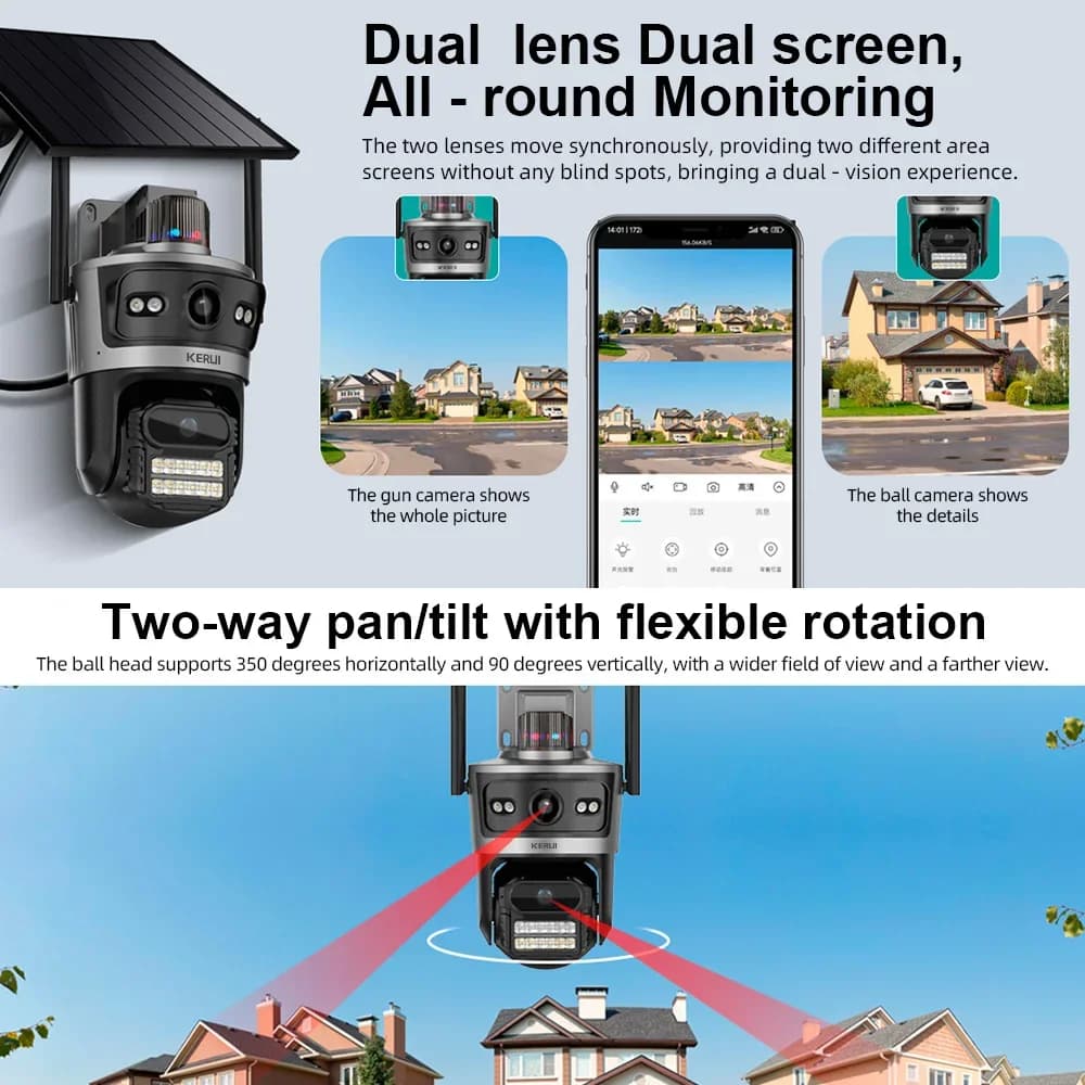 KERUI 4MP PTZ AOV 4G Telecamera solare Zoom 10x WIFI Telecamera IP Sorveglianza di sicurezza domestica Doppia lente 24 ore di registrazione Pannello solare 9W