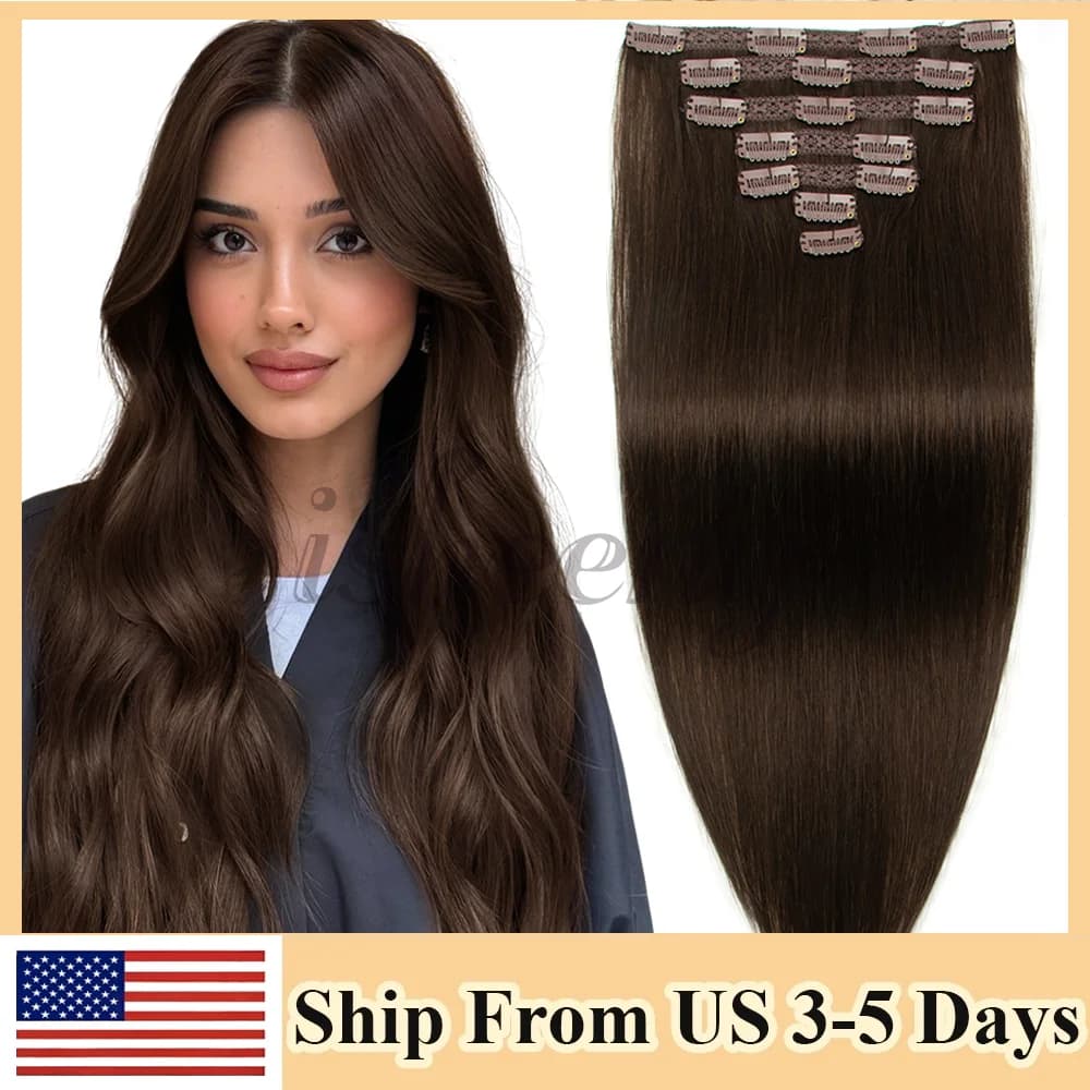 14 "-24" Invisible Clip in Human Hair Extensions Machine Remy Straight Full Head 7 pcs/set Natural Law Brown Easy to wear