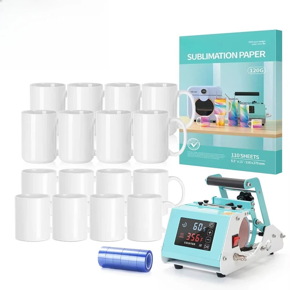 Life Mini Mug Pressa di calore Macchina Sublimazione Starter Benginers Kit Bundle con tazze a sublimazione da 11 once 15 once Nastro di carta A4