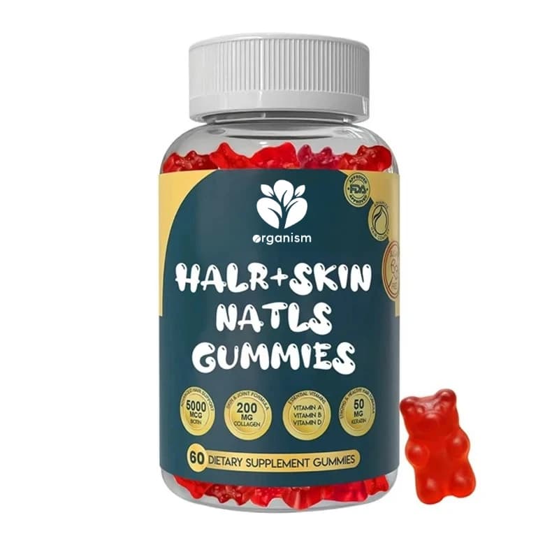 Caramelle gommose per capelli, pelle e unghie senza zucchero - collagene 200mg, cheratina 50mg - vitamine A, C, D, E, senza glutine