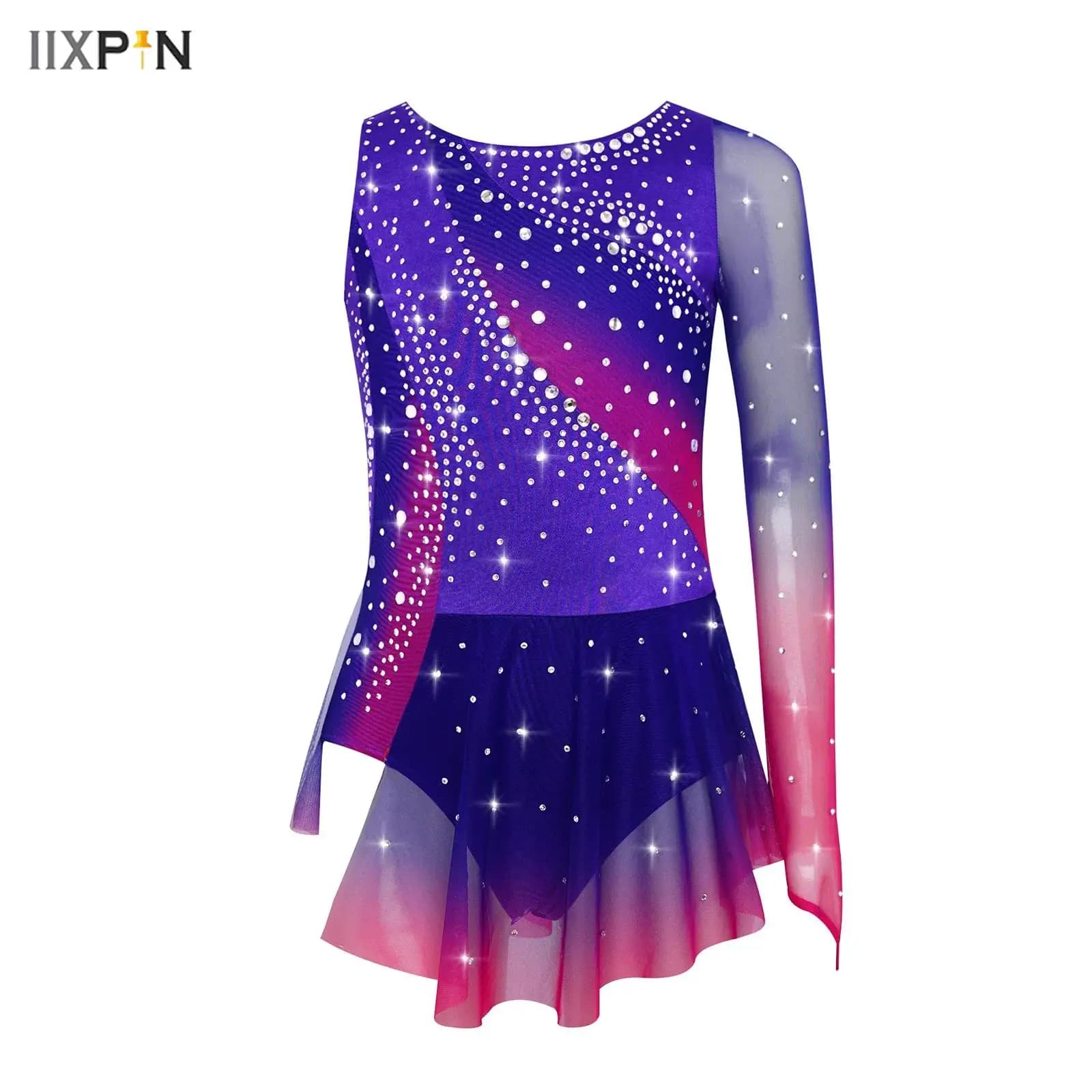 Vestito da body per ginnastica ritmica per pattinaggio di figura per bambina, vestito asimmetrico diviso con strass lucidi, colore a contrasto, ballerina