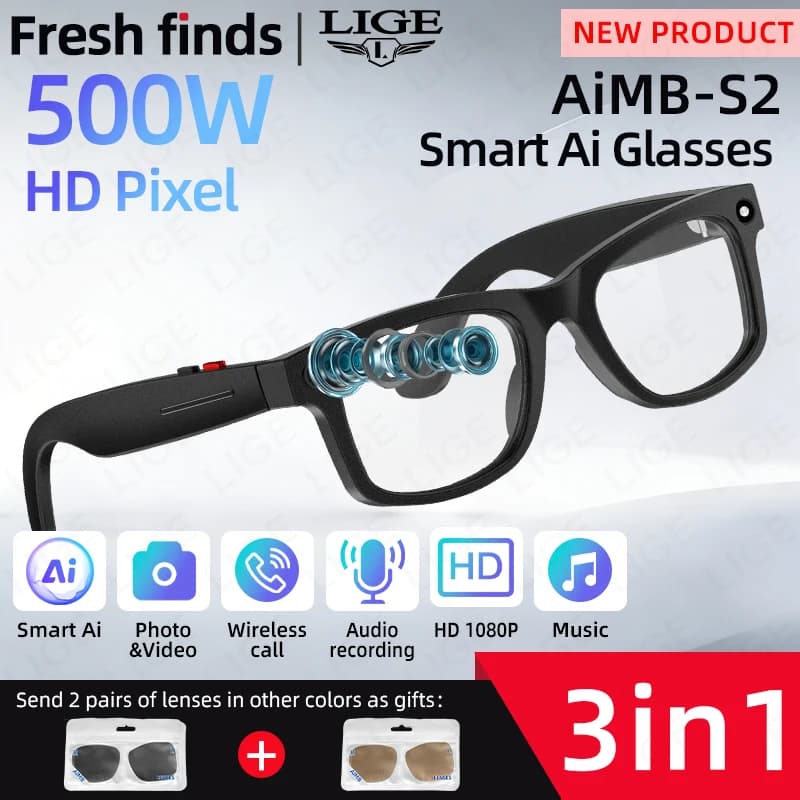 Occhiali Smart LIGE con Fotocamera 5MP, Registrazione Video, Traduzione AI, Conversazione Bluetooth, Ascolto Musica - Nuovi Occhiali da Sole Smart 2026