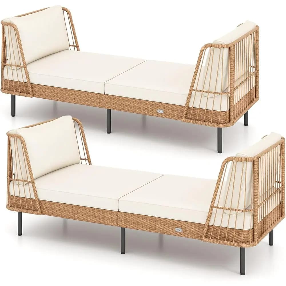 Set sofa bed Boho in rattan for 2 people with pillows, lounge armchair in outdoor wicker for courtyard, porch, poolside (white)