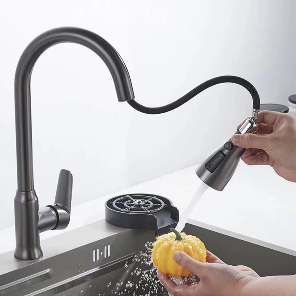 Rubinetto da cucina grigio Beccuccio estraibile monoforo Miscelatore lavello da cucina Testa spruzzatore a flusso Miscelatore cromato/nero