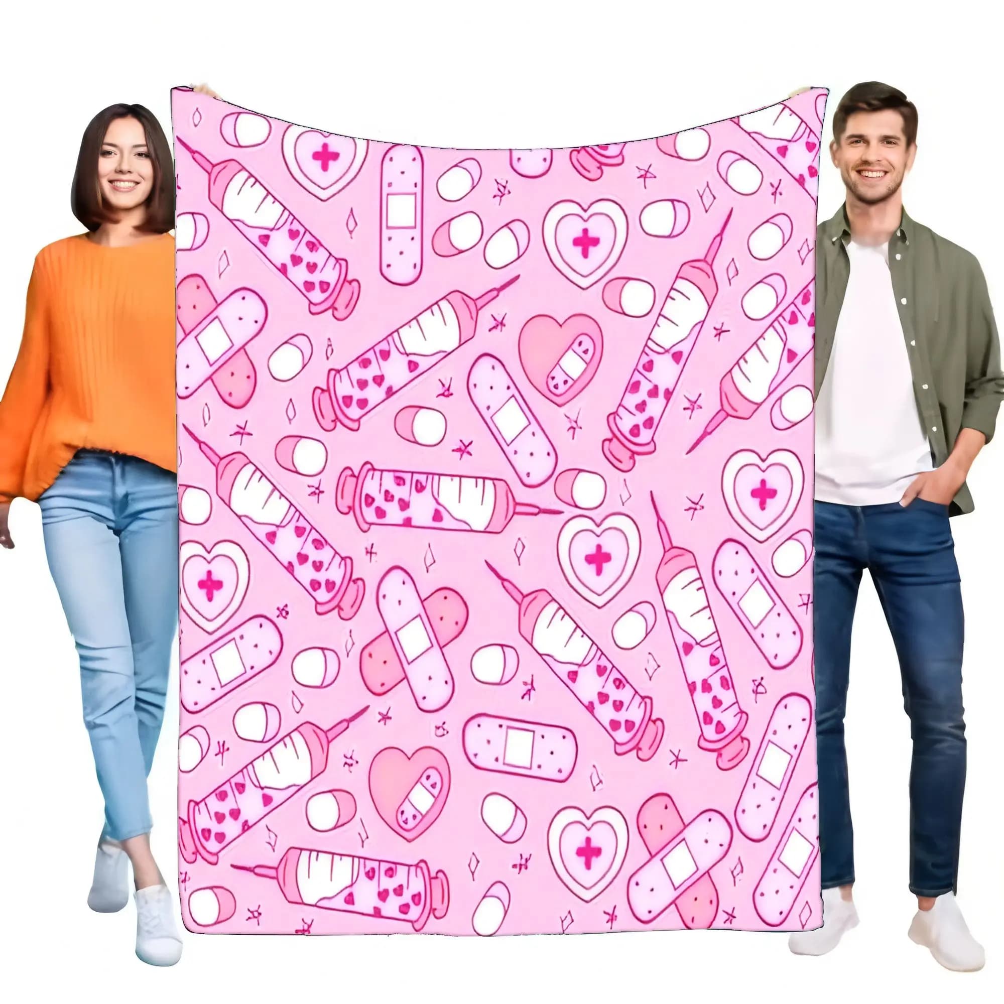 Kawaii Pink Nurse Siringa medica Cuore Cerotto Stampa Morbida calda e accogliente Coperta in pile per letto Divano Divano Studenti ospedalieri