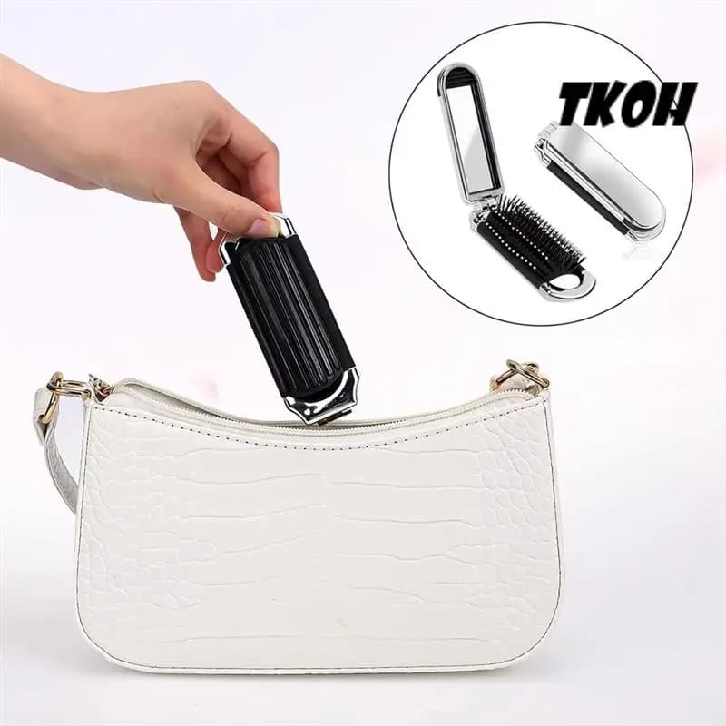 TKOH-2-in-1 Pettine e specchio pieghevoli portatili - Cuscino d'aria diamantato, strass bling, spazzola per capelli da viaggio compatta e strumento per il trucco