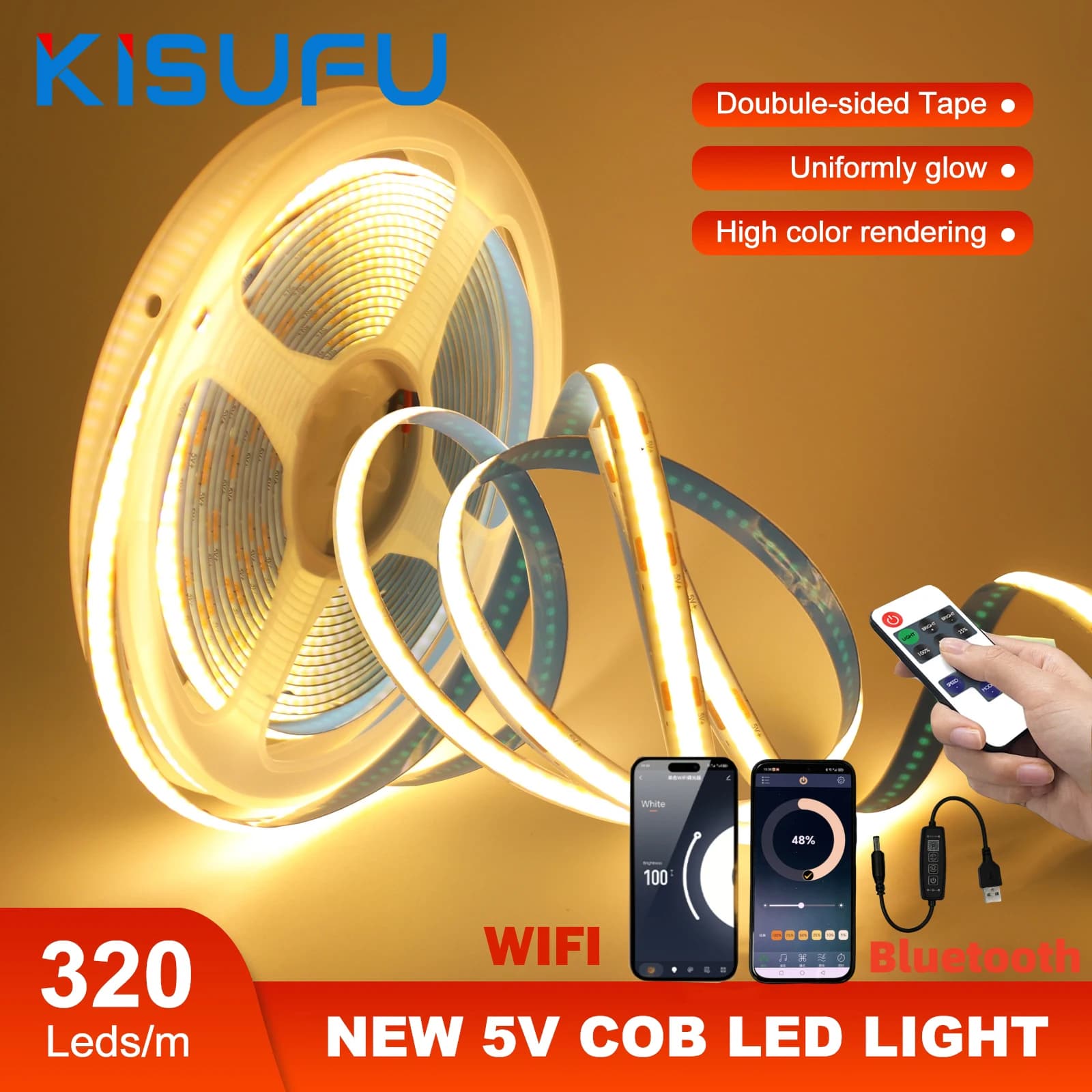 TUYA WIFI COB LED Strip USB DC5V 320 led/M Bluetooth APP telecomando illuminazione lineare ad alta densità per TV Room Kitchen Decor