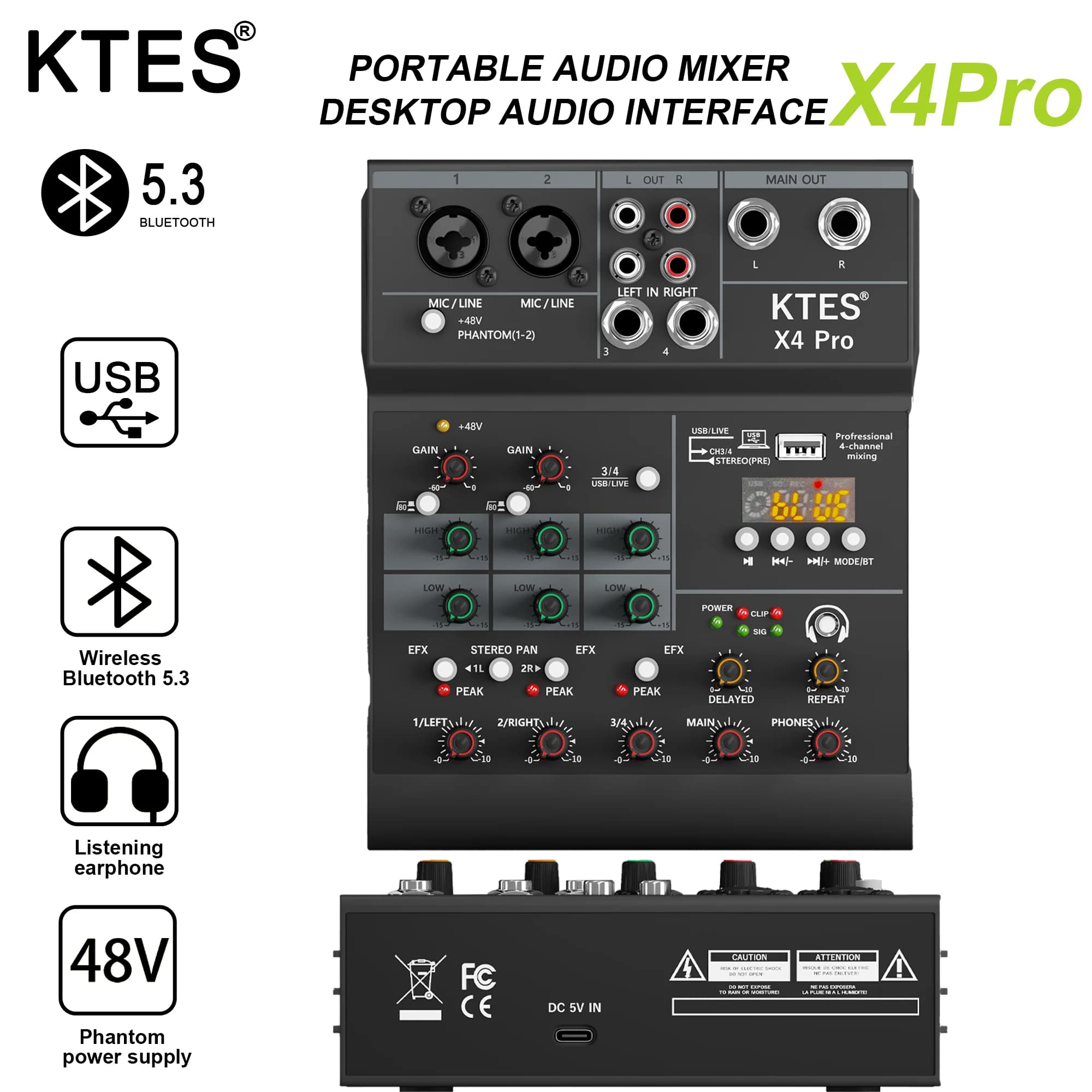 Mixer Audio a 4 Canali con Interfaccia USB e Bluetooth per Streaming Live, Registrazione Podcast e Studio Domestico