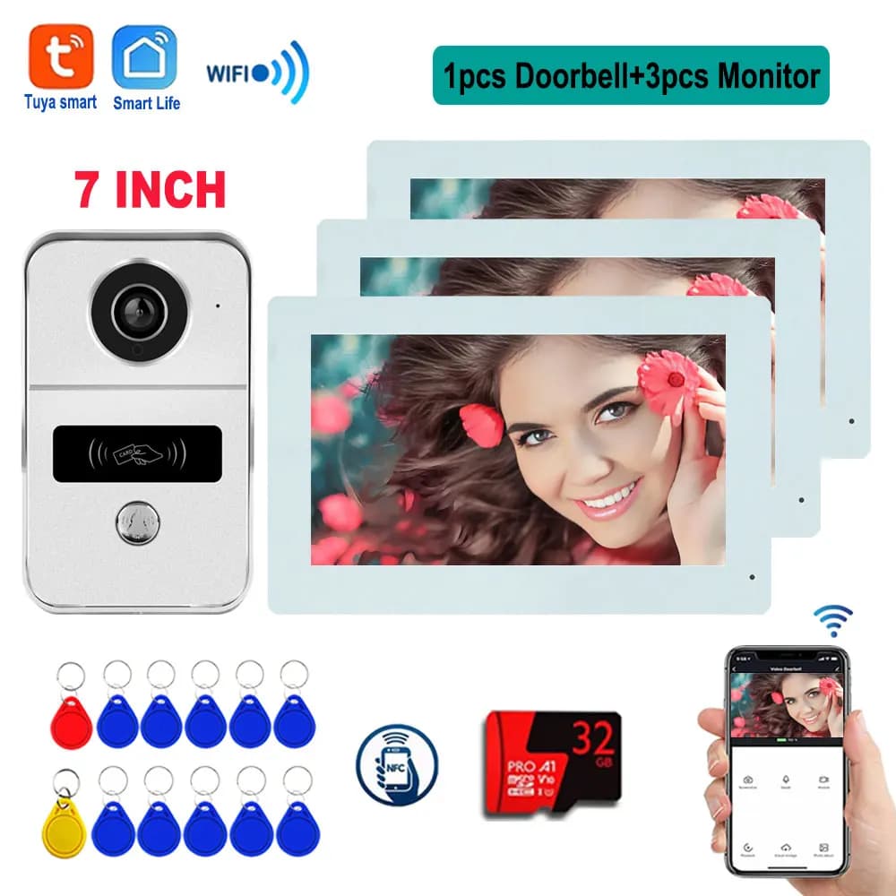 Videocitofono WiFi 5G 1080P con schermo LCD da 7 pollici, Tuya Smart, 4 fili, campanello HD, sblocco tramite APP RFID NFC per Villa/Appartamento 2/3 Camere