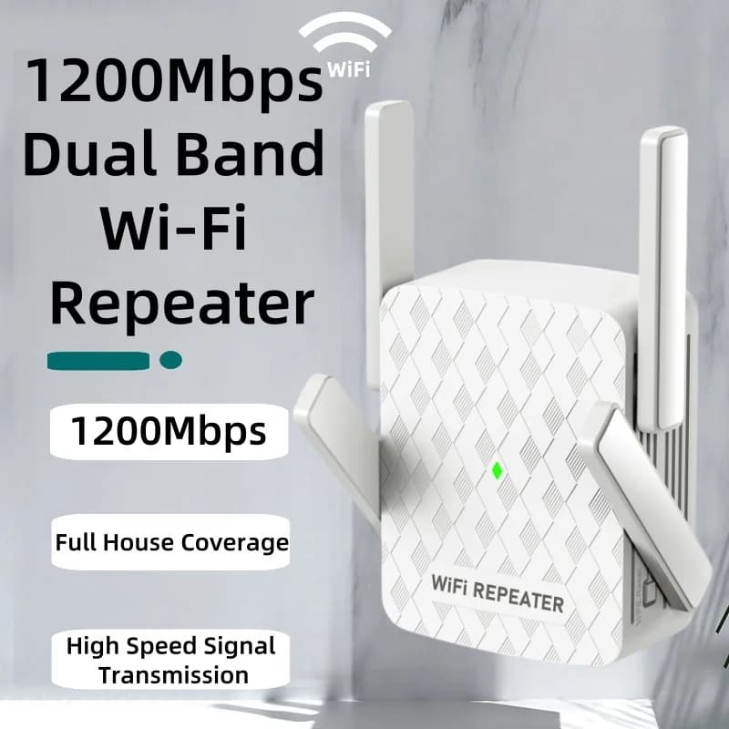 Ripetitore WiFi 1200Mbps Dual Band 2.4GHz/5GHz, Amplificatore di Segnale Wireless a Lungo Raggio, Estensore di Copertura EU/US per Casa e Ufficio