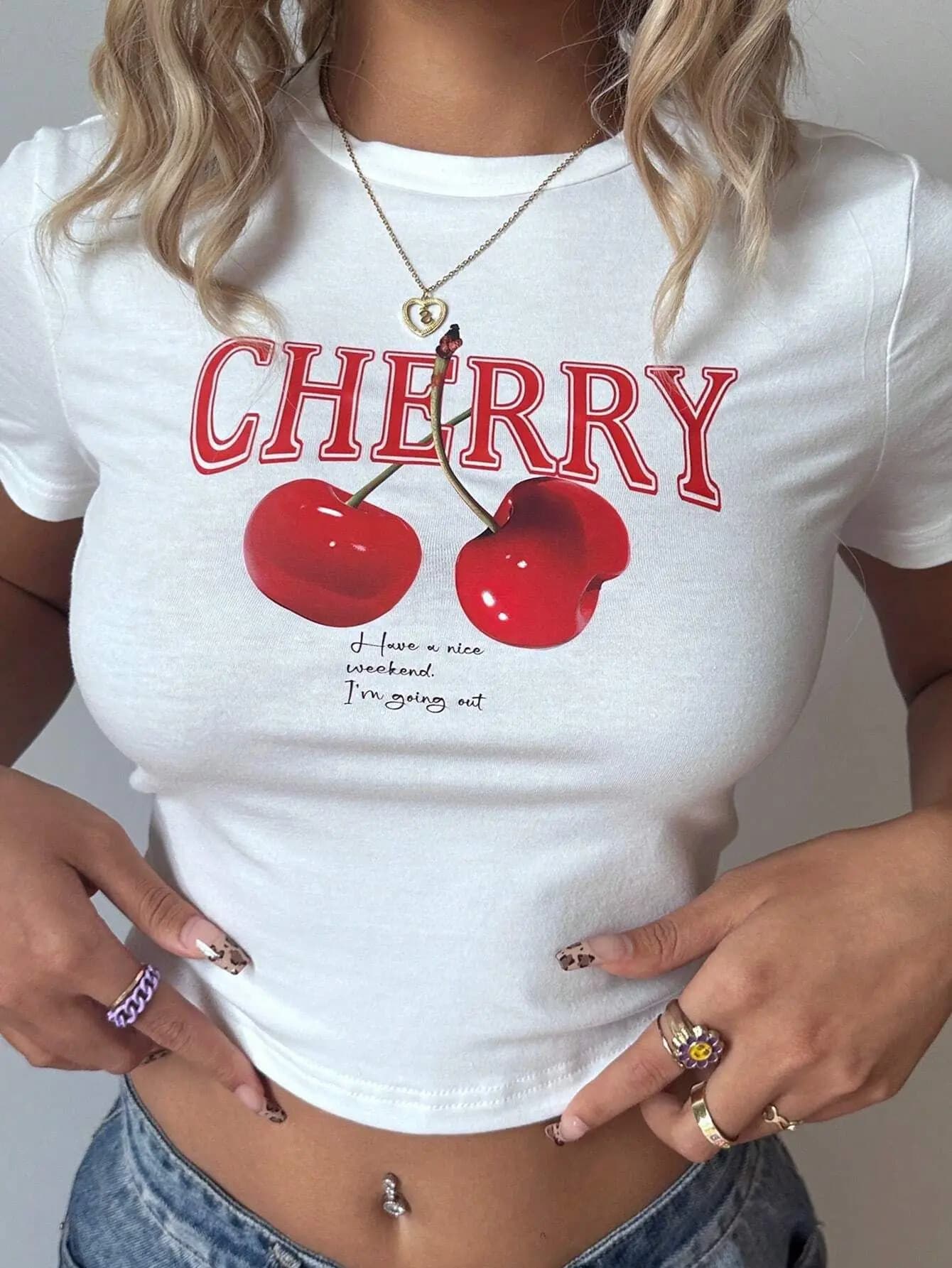 Cherry Print Crop Top T Shirt Women Cute Fruit Short Sleeve Summer Tee Streetwear Y2K Harajuku Aesthetic Blouse