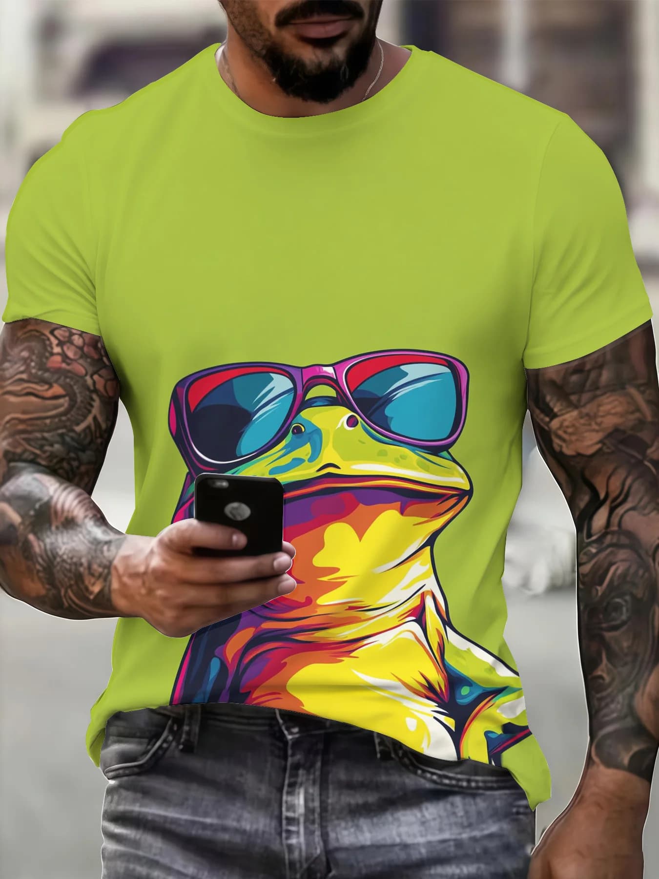 Men's T-shirt Girocollo Summer 2026 New Model with 3D Printing Sun and Rana Glasses, Simple, Creative, Luxury, High Quality, Short Sleeve