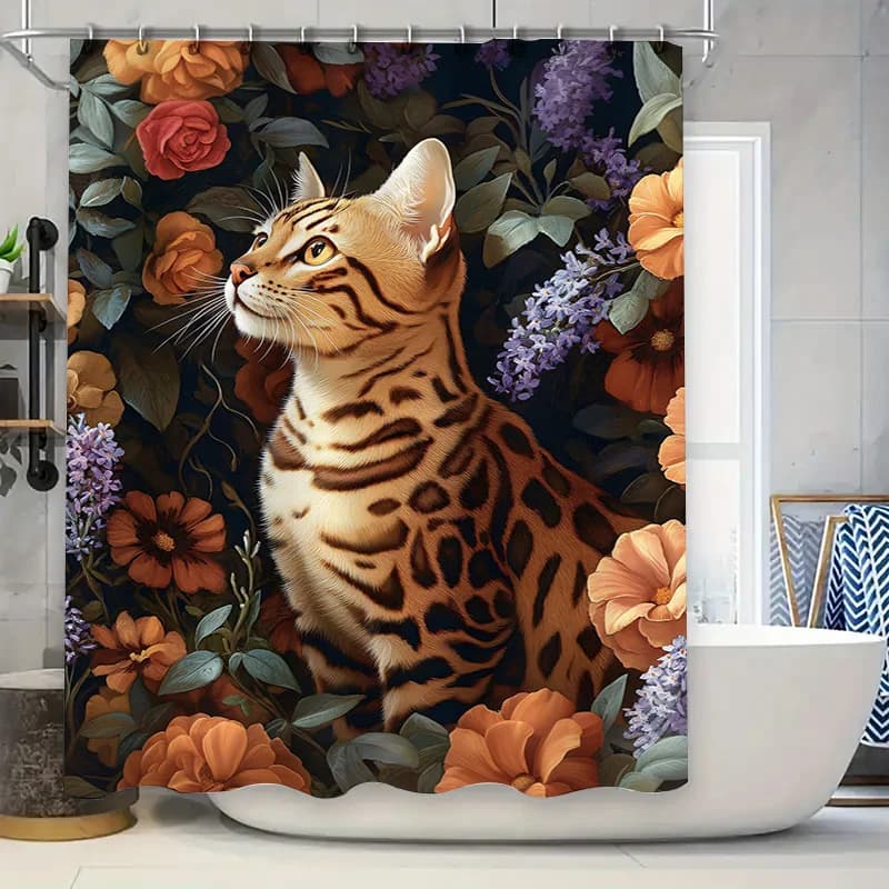 Tenda da doccia con animali Tigre Gatto Stampa floreale Tappeto da bagno Decorazione Decorazioni per la casa Tende da doccia in tessuto impermeabile per piastrelle da bagno