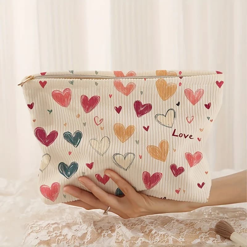 Borsa portaoggetti foderata in velluto a coste, organizer multifunzionale per trucco da toilette con cerniera di sicurezza, design con motivo a cuore vibrante per i viaggi