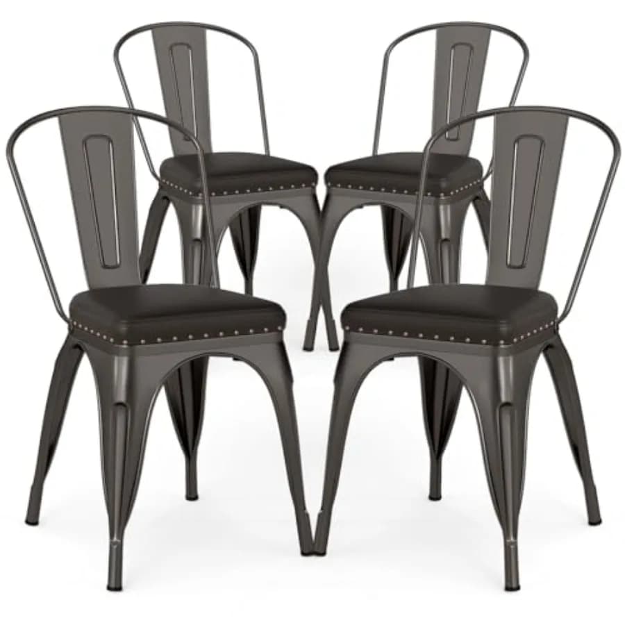 Set of 4 Dining Chairs in Metal 18,5 Polishes Impilable Style Industrial Tolix Side Chairs with High Back cushions for Die