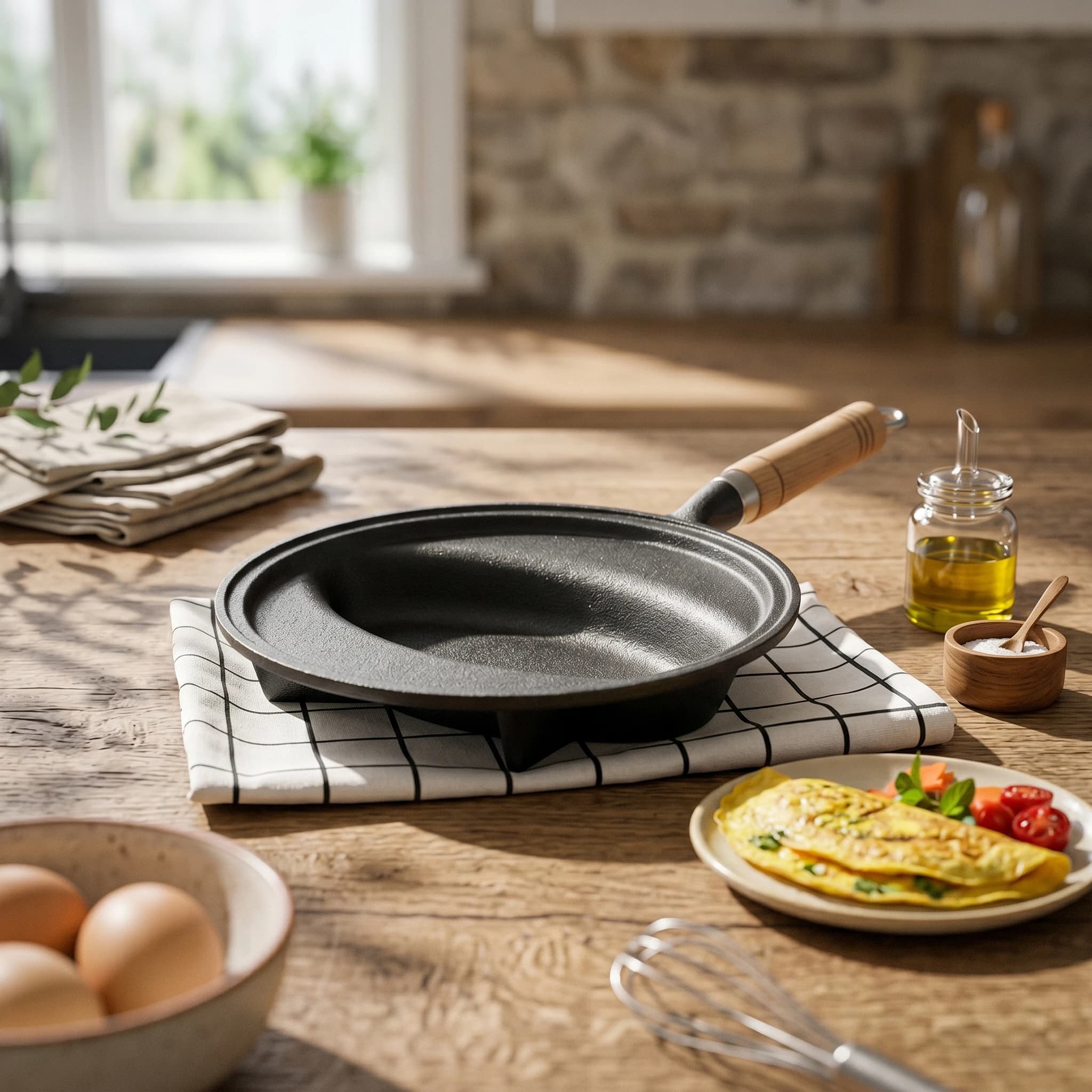 Padella in ghisa per omelette con gancio, padella in ghisa per friggere, utensile da cucina a riscaldamento uniforme, adatta per forno e piano cottura