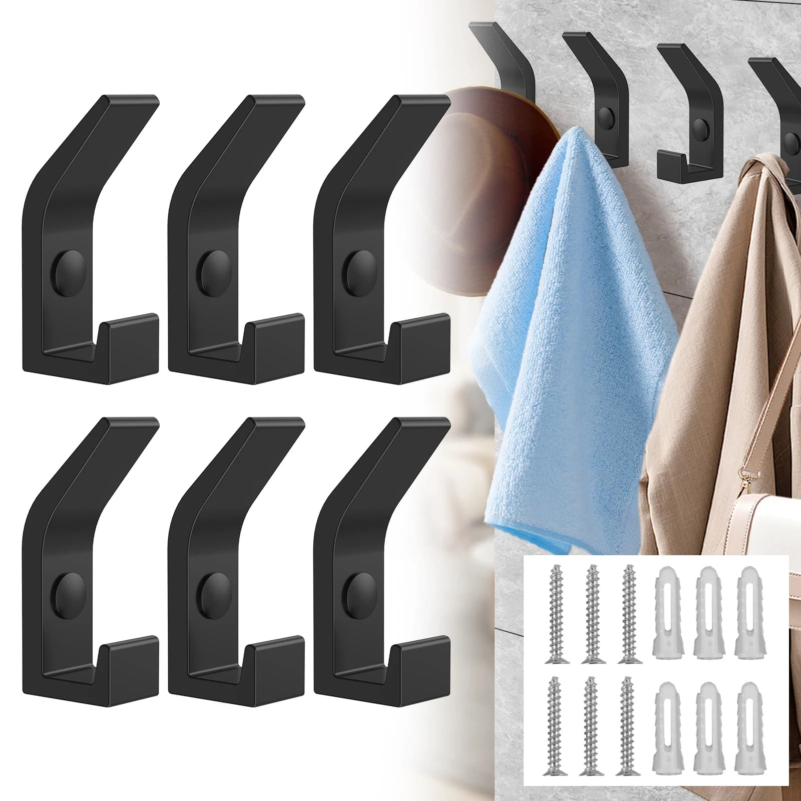 6-piece durable hook, load capacity of 22 pounds, space, aluminium towel hook, bathroom clothes hangers, kitchen, bedroom