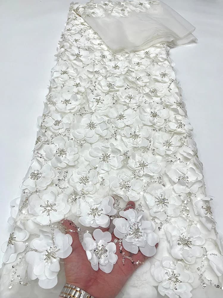 White Lace Fabric with Heavy Bead Tube Embroidery 3D Flowers Sequins Laser Dress Fabric Home Sponge Pad DIY Handcraft