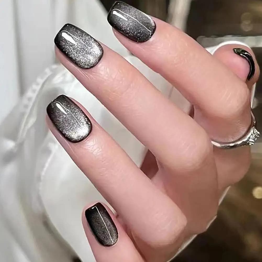 24PCS Cat Eye Short False Nails Reusable Glitter Fake Nails Full Cover Artficial Nails Stick On Nails DIY Manicure Press On Nail