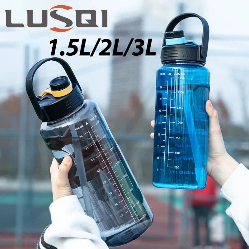 LUSQI 1.5L/2L/3L Bottiglia d'acqua sportiva Tazza di plastica di grande capacità a prova di perdite con cannuccia e indicatore del tempo per sport all'aria aperta domestici