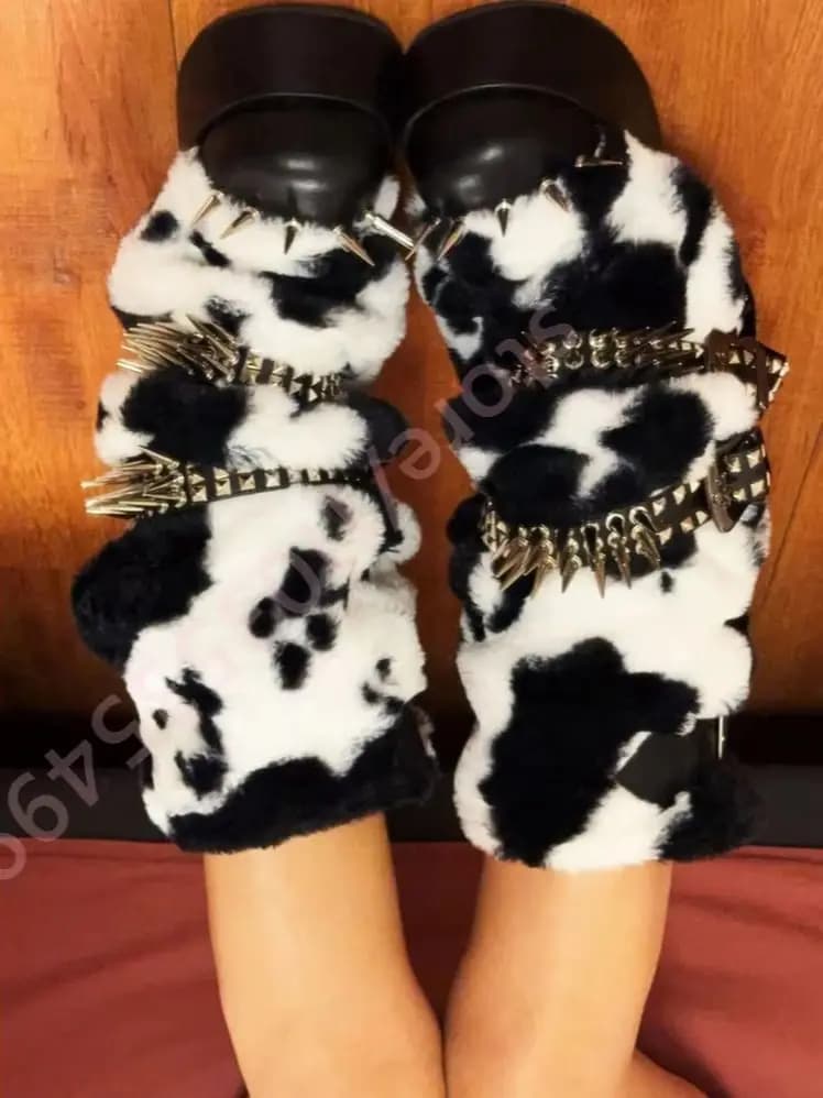 Winter Platform Cow Print Plush Boots Punk Chunky High Heel round Toe Warm Casual Fashion Party Street Boot Studded 2026