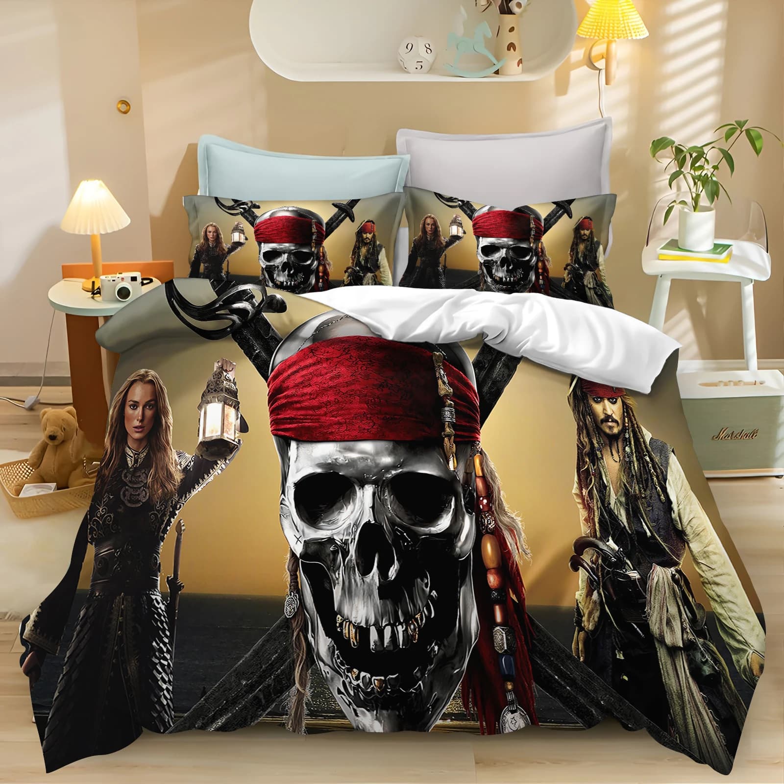 Set di Biancheria da Letto Pirati dei Caraibi, Copripiumino Jack Sparrow, Set Letto con Personaggi del Film, Copertura in Microfibra Morbida per Bambini e Adolescenti