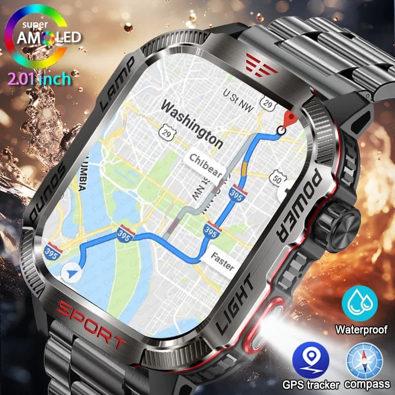 New Men's Military Smart GPS Watch Flashlight Waterproof Outdoor Sports Tracker Call Bluetooth Heart Rate Smartwatch Man