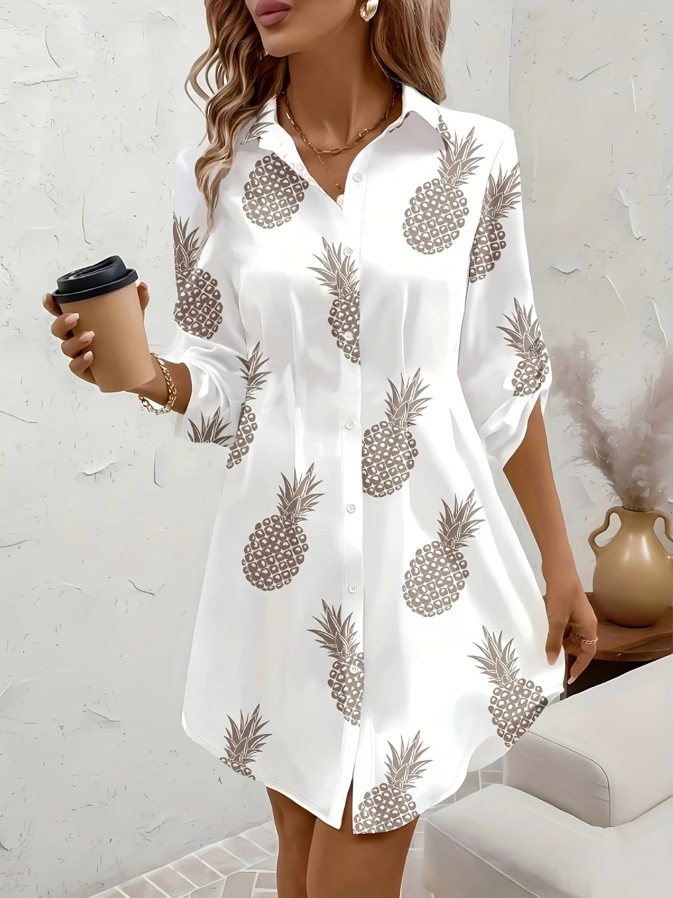Spring and Autumn Style Casual Style Pineapple Print On White Lapel Button Long Sleeve Shirt Dress