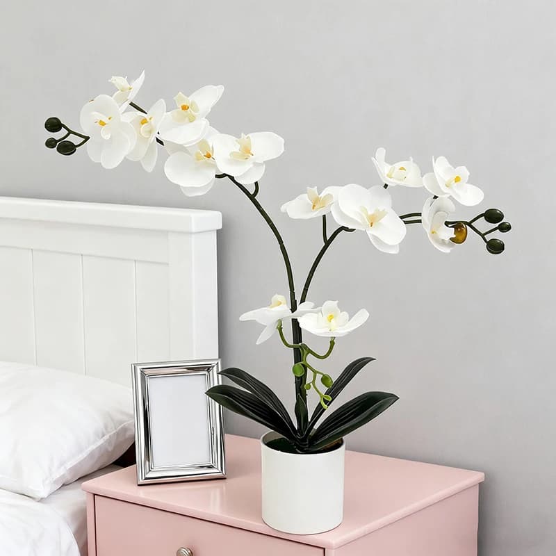 Round flower pots with artificial flowers, butterfly orchid potted plants, decoration for living room and office desktops