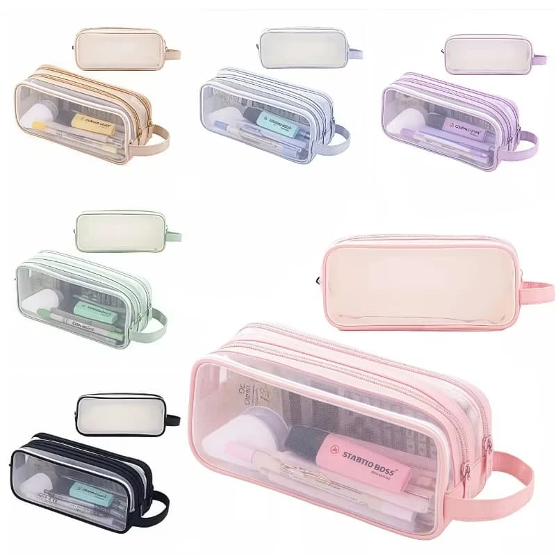 Transparent mesh pen bag for carrying student exam supplies, large capacity storage space for stationery items, simple design pen case