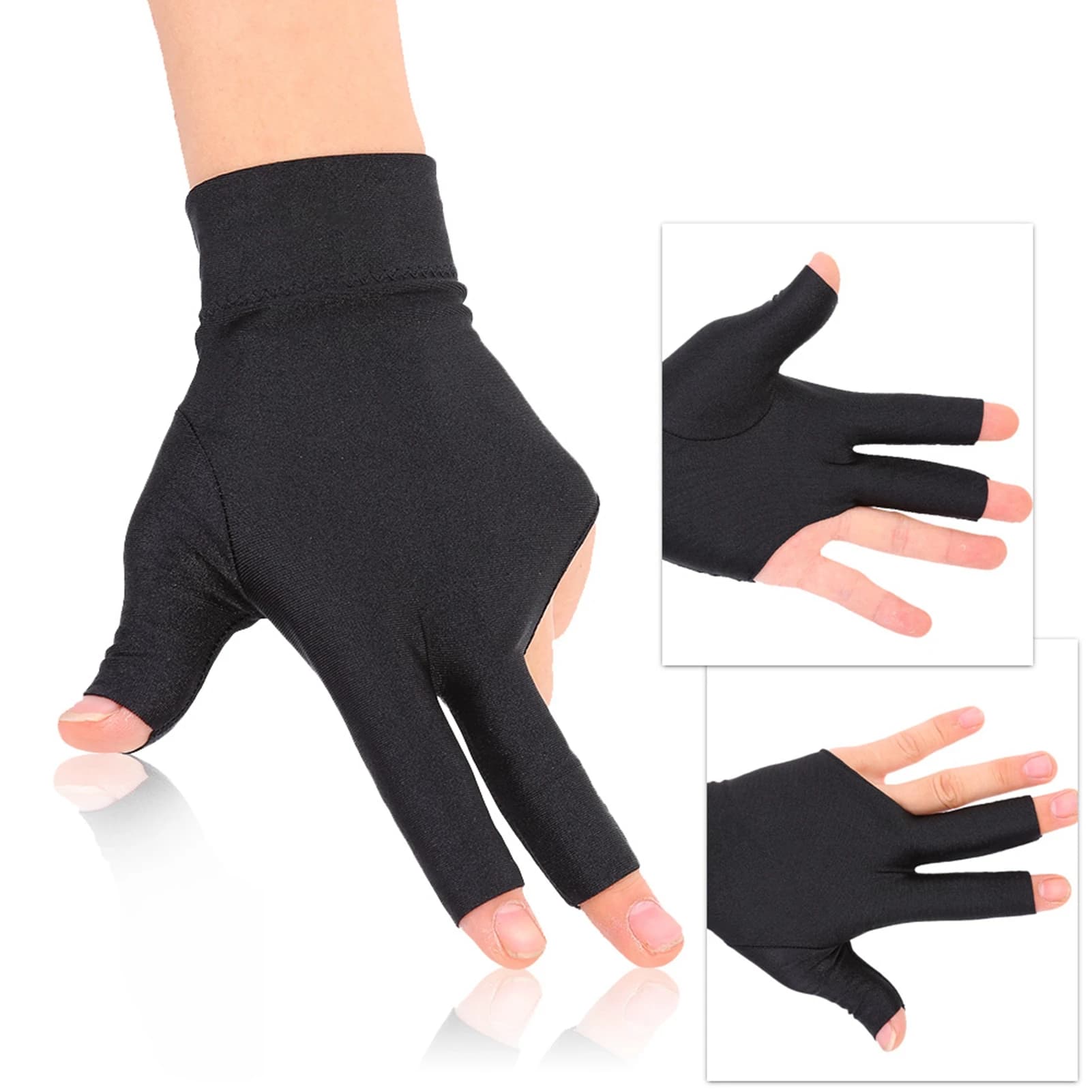 Guanto a tre dita Snooker Biliardo Sparatutto Cue Guanti da biliardo Mano sinistra aperta Guanto in spandex a tre dita Guanto da biliardo da biliardo