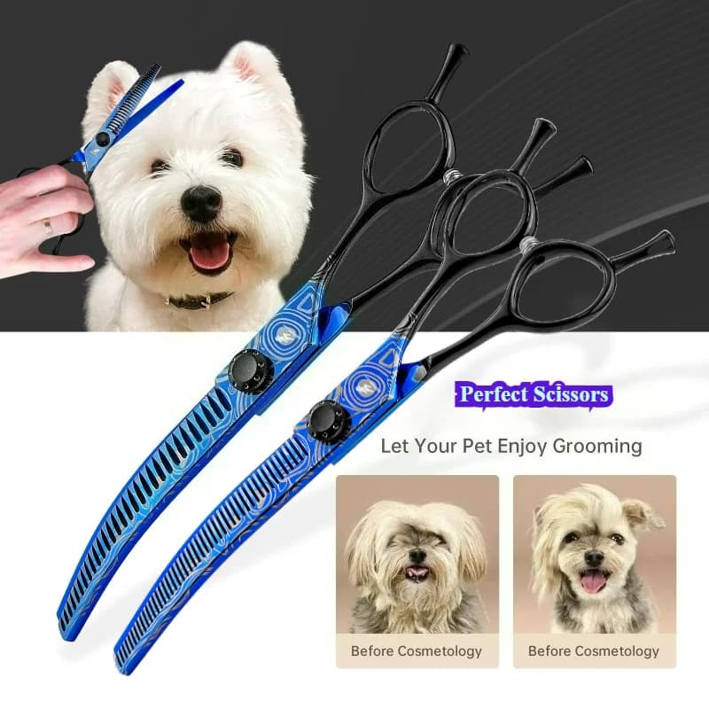 Forbici professionali per toelettatura animali con denti a spina di pesce, curve, per sfoltire e modellare, 7.0 pollici, in acciaio JP440C