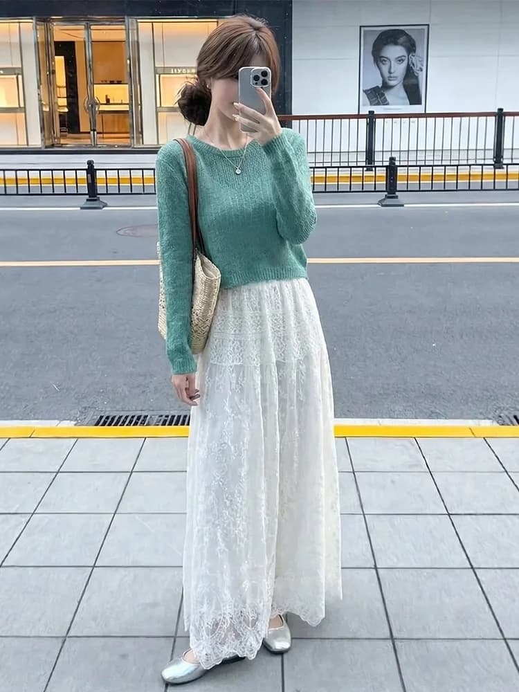 Women's Lace Long Sve Midi Skirt Two-Piece Set Ba Button Design iny Tead Early Spring New Sle Faion Set