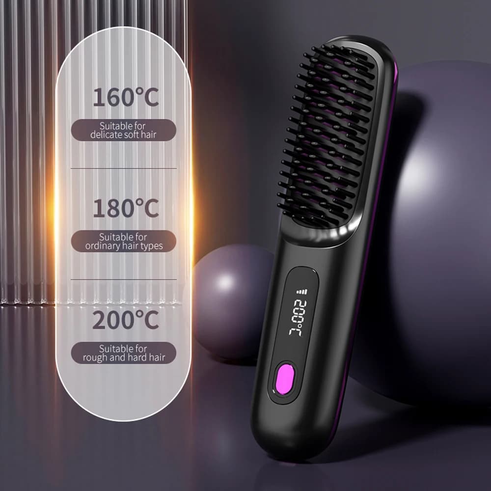 Adjustable temperature hair brush Wireless hair brush with fast heating negative ions for soft curls for women