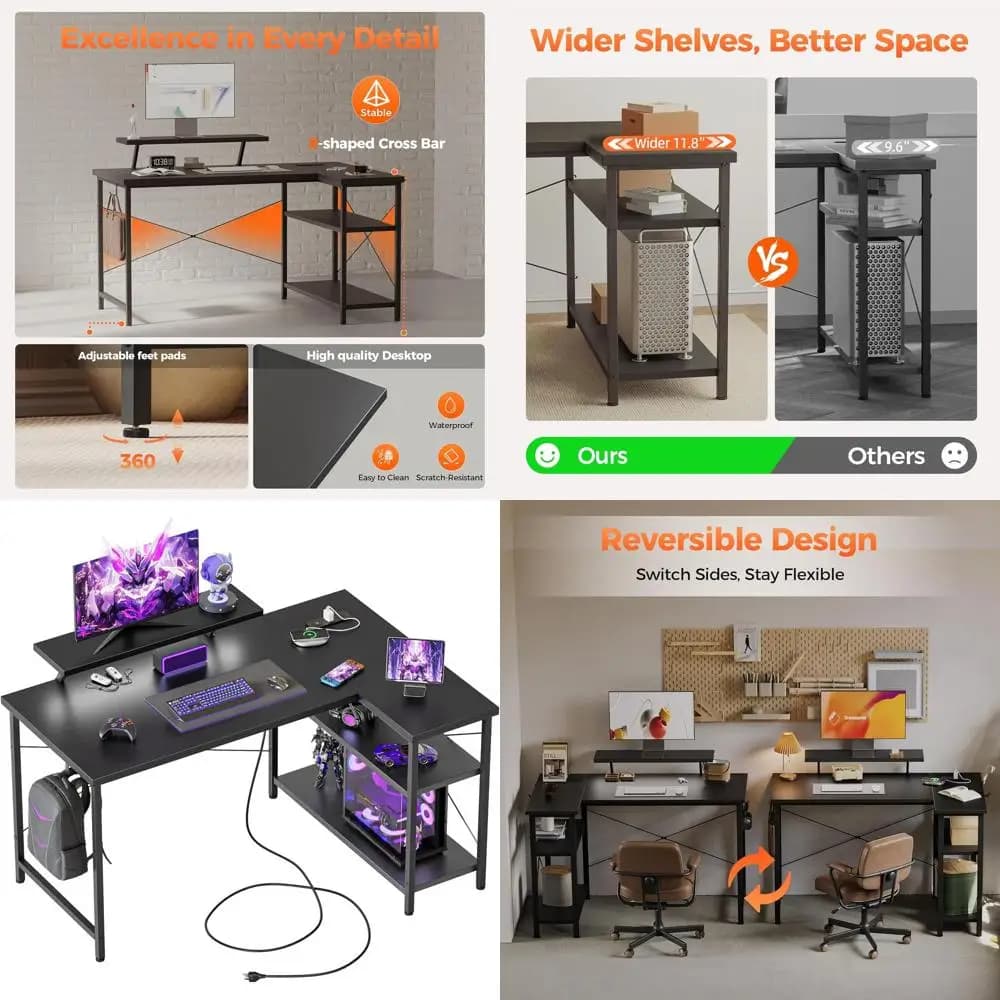 L-shaped computer desk with power sockets, reversible play desk with storage shelves and monitor support, corner desk table for players,