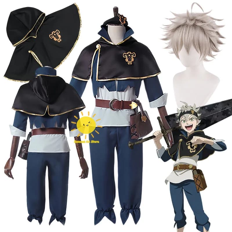 Costumi Cosplay di Asta da Black Clover, Set con Top, Pantaloni, Sciarpa, Borsa, Fascia per Capelli, Parrucca, per Halloween e Carnevale, per Uomini Adulti